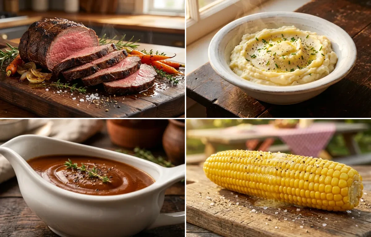 Roast Beef with Mashed Potatoes, Brown Gravy and Corn on the Cob