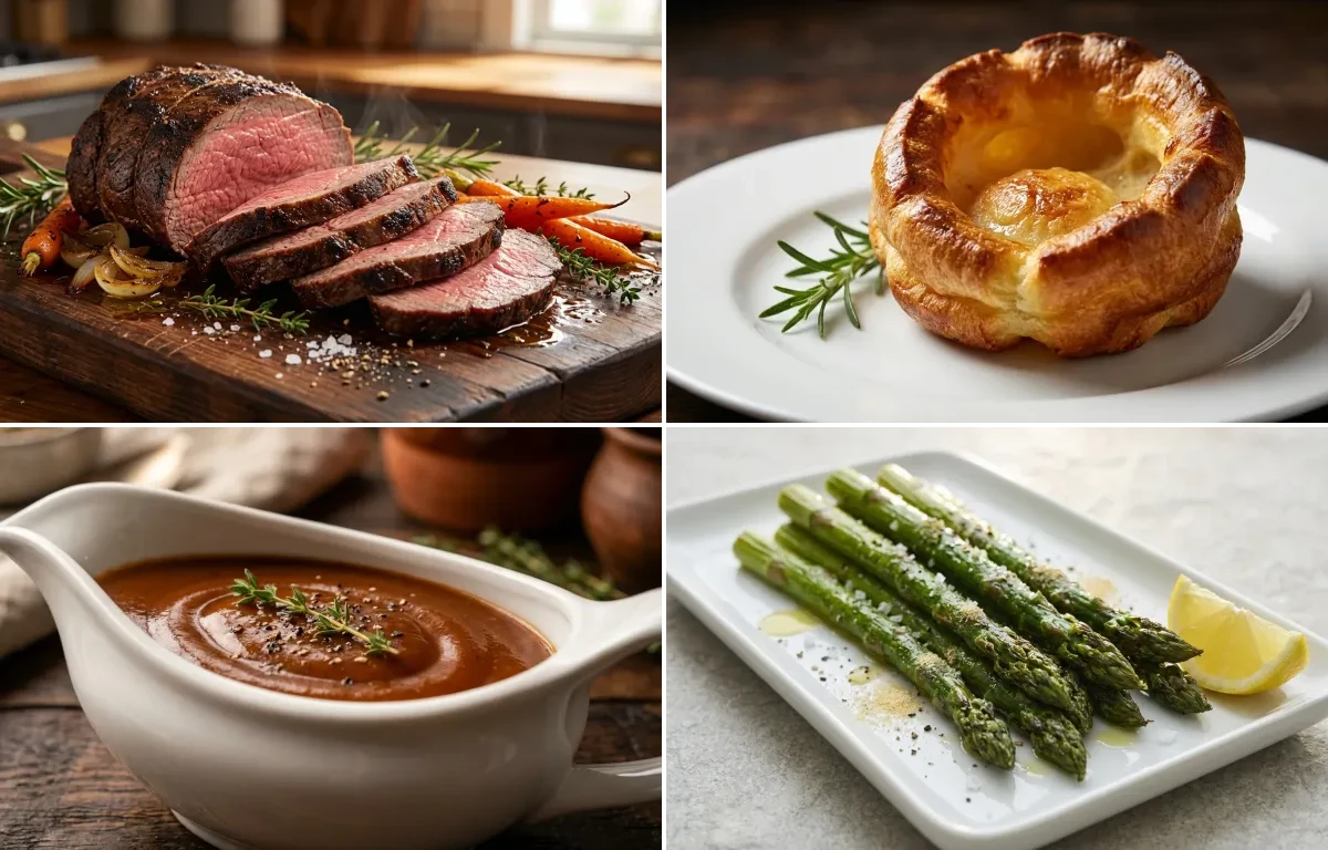 Roast Beef with Yorkshire Pudding, Brown Gravy and Roasted Asparagus