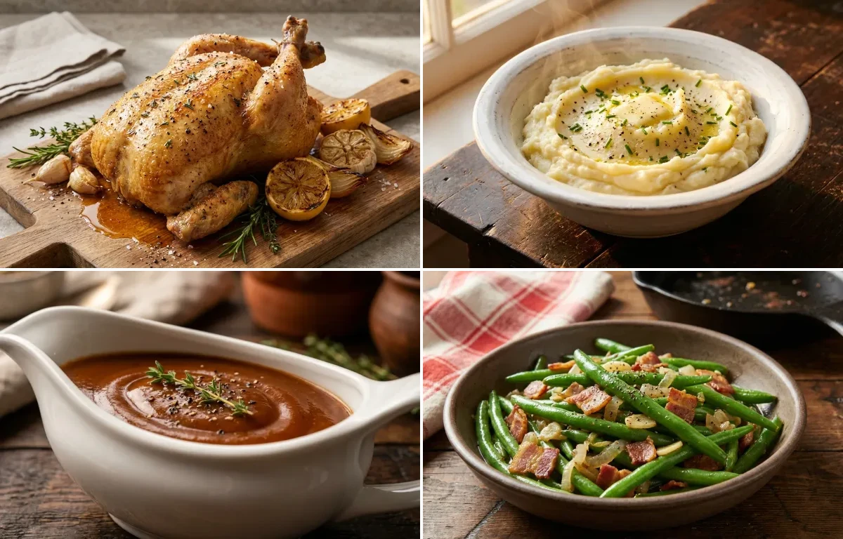 Roast Chicken with Mashed Potatoes, Brown Gravy and Sauteed Green Beans with Bacon