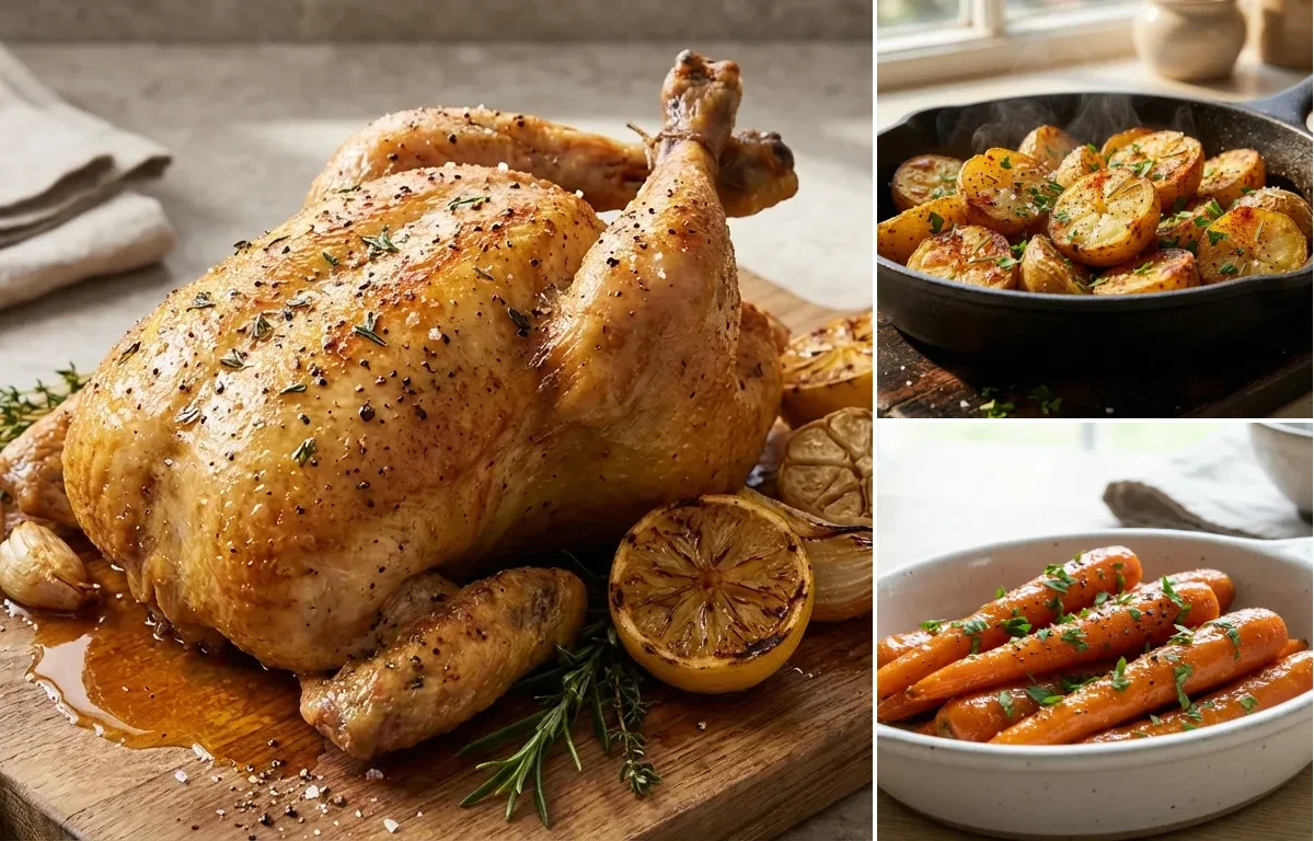 Roast Chicken with Roasted Potatoes and Glazed Carrots