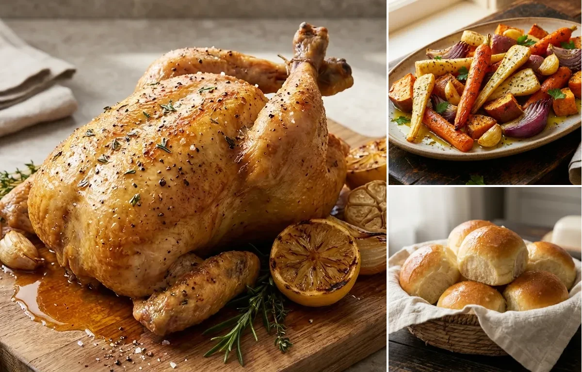 Roast Chicken with Roasted Root Vegetables and Dinner Rolls