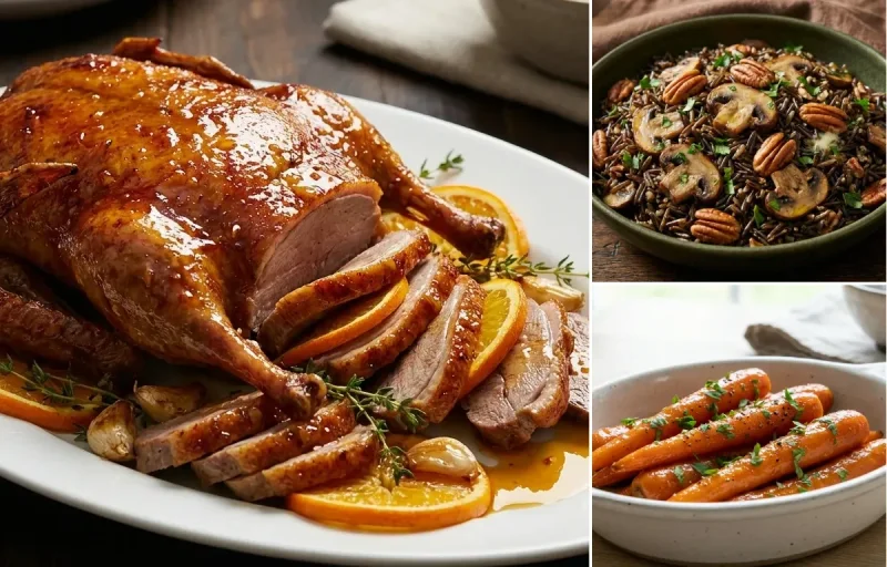 Roast Duck with Orange Glaze with Wild Rice Pilaf with Mushrooms and Pecans and Glazed Carrots