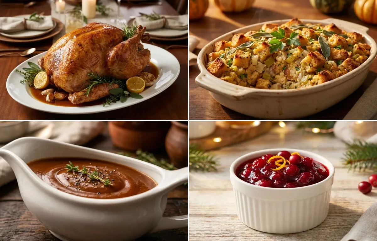 Roast Turkey with Gravy with Stuffing, Brown Gravy, Cranberry Sauce and Mashed Potatoes