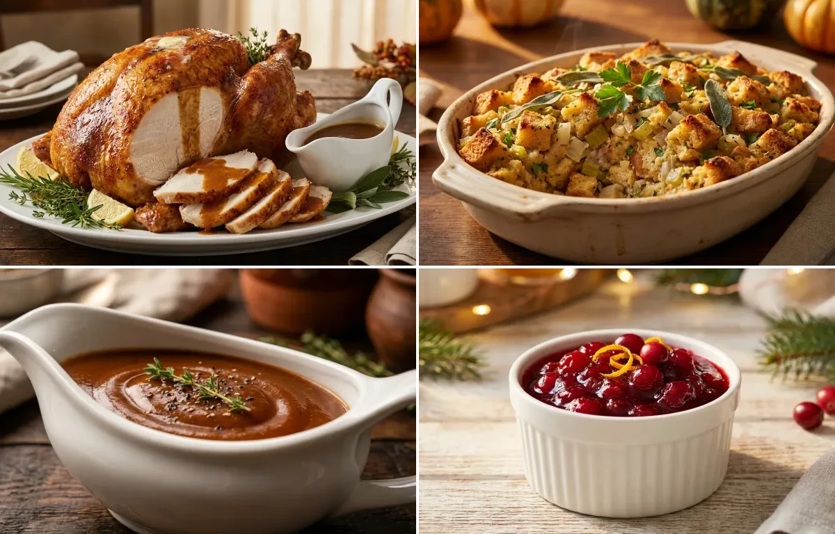 Roast Turkey with Pan Gravy with Stuffing, Brown Gravy, Cranberry Sauce and Mashed Potatoes