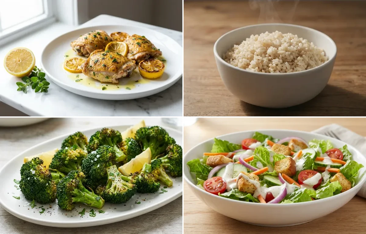 Roasted Broccoli with Lemon Oregano Chicken Thighs with Side Salad