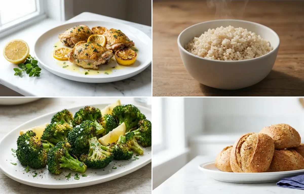 Roasted Broccoli with Lemon Oregano Chicken Thighs with Whole Grain Rolls