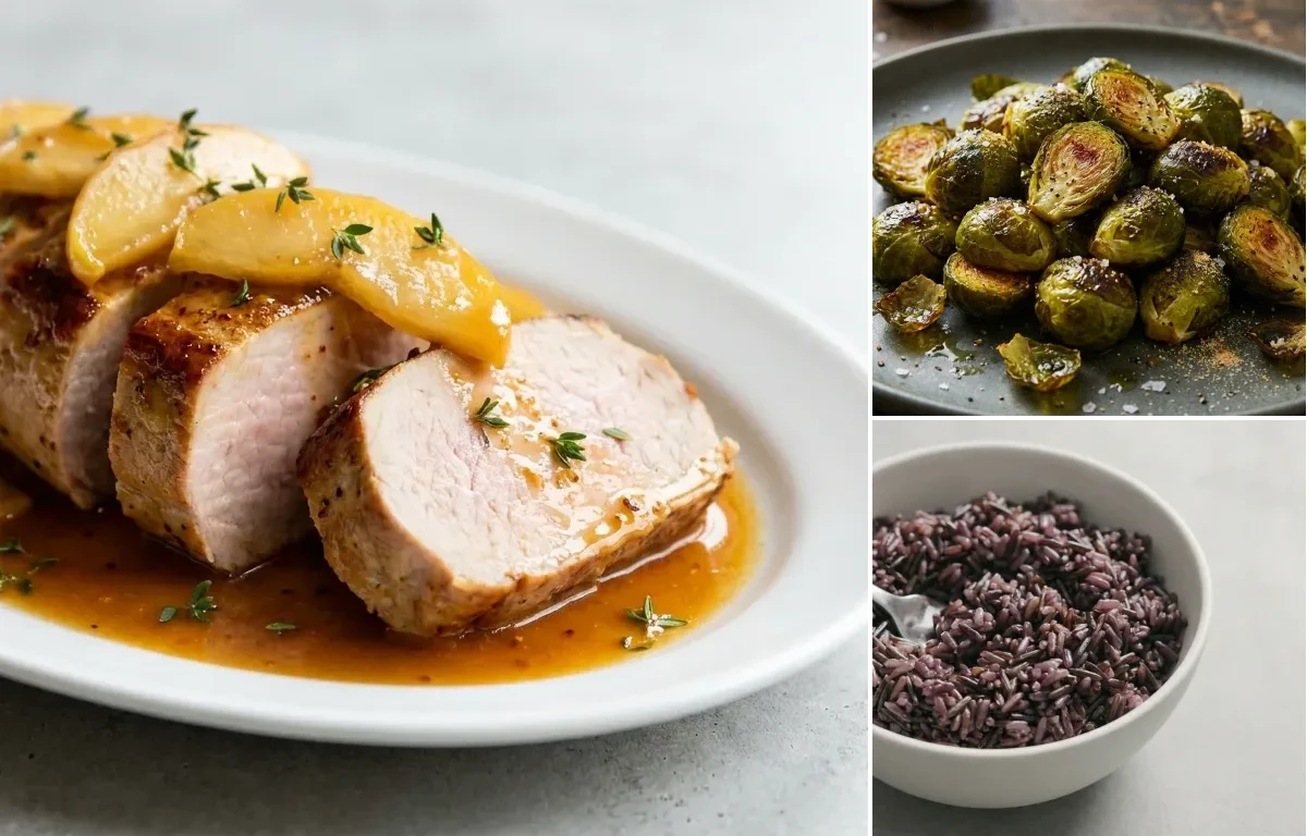 Roasted Brussels Sprouts with Pork Tenderloin with Apple Mustard Pan Sauce