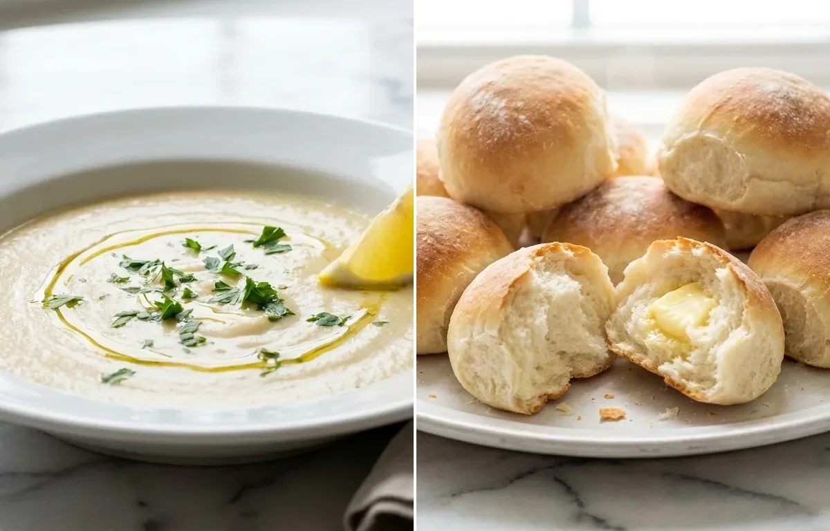 Roasted Cauliflower Soup with Soft White Bread Roll