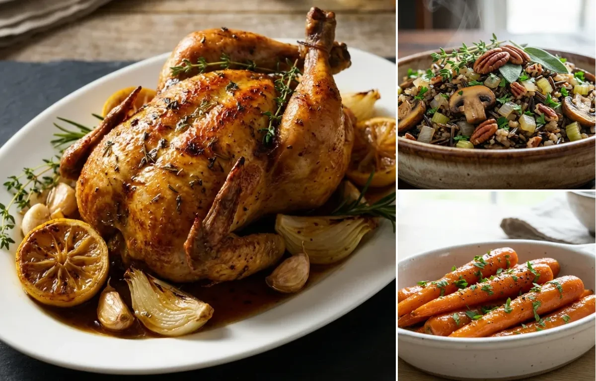 Roasted Cornish Hen with Wild Rice Stuffing with Mushrooms and Pecans and Glazed Carrots