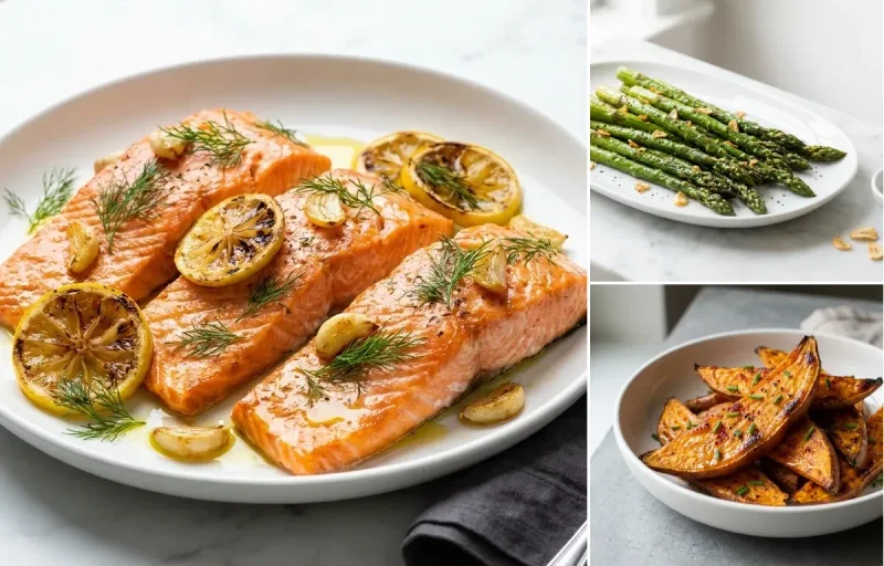 Roasted Lemon-Dill Salmon, Garlic Roasted Asparagus and Sweet Potato