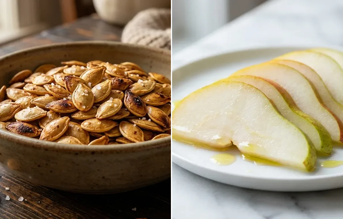 Roasted Pumpkin Seeds with Fresh Pear with Ginger Tea