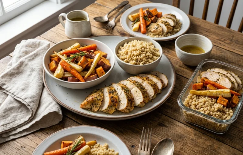 Roasted Root Vegetables with Herbed Chicken Breast and Simple Cooked Quinoa