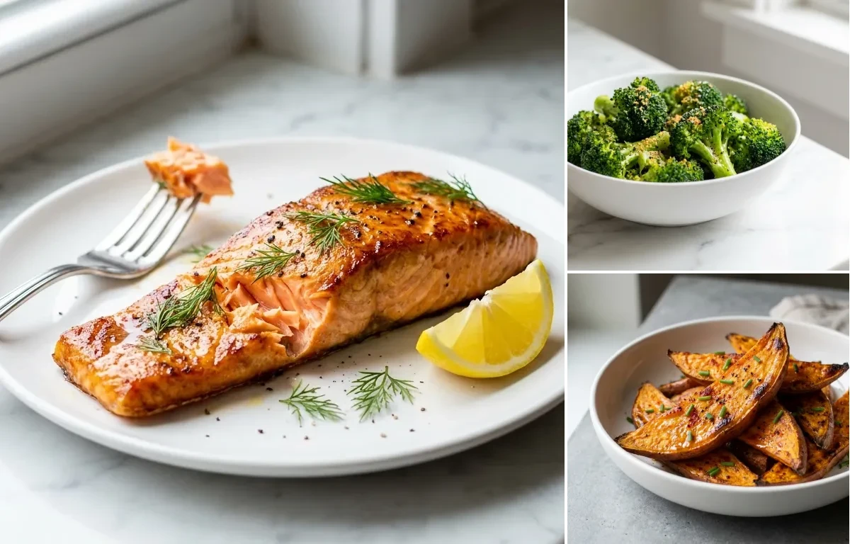Roasted Salmon Fillets, Garlic Roasted Broccoli and Sweet Potato