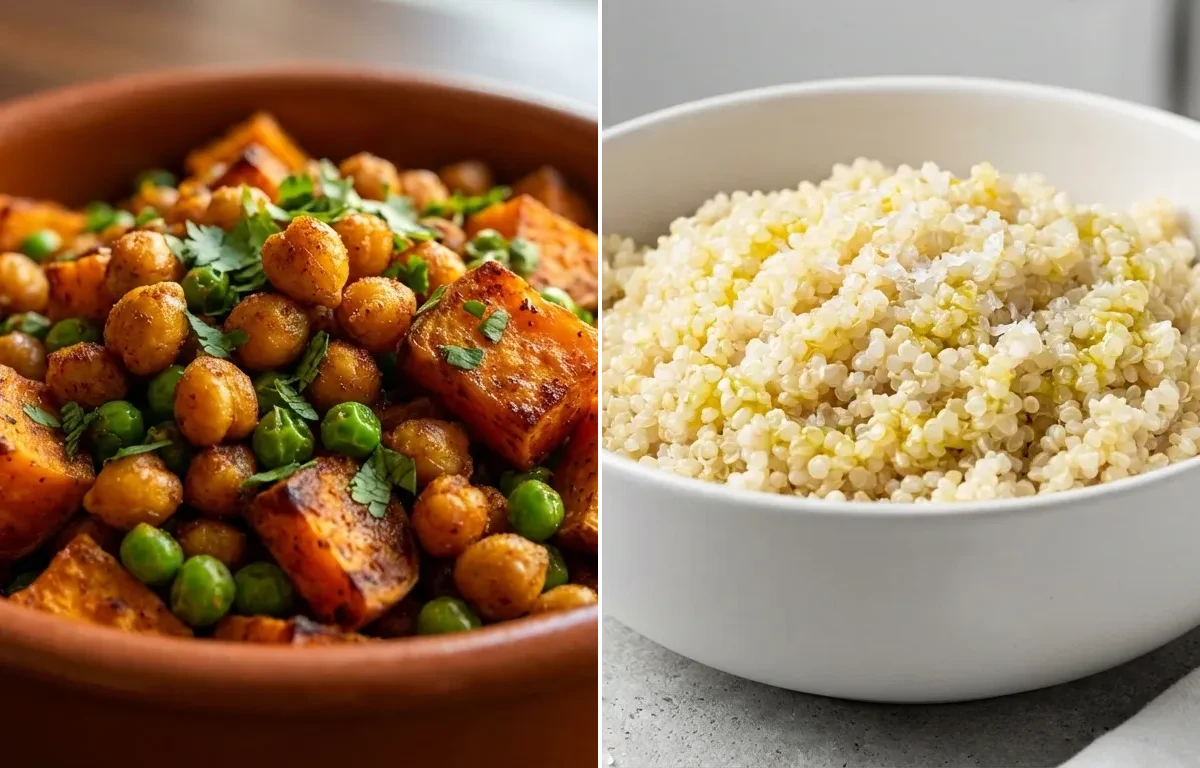 Roasted Sweet Potatoes and Chickpeas with Quinoa and Lemon Tahini Dressing