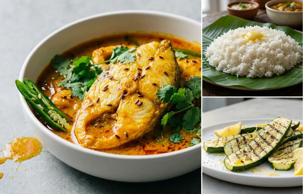 Rohu Fish Curry with Steamed White Rice with Grilled Zucchini