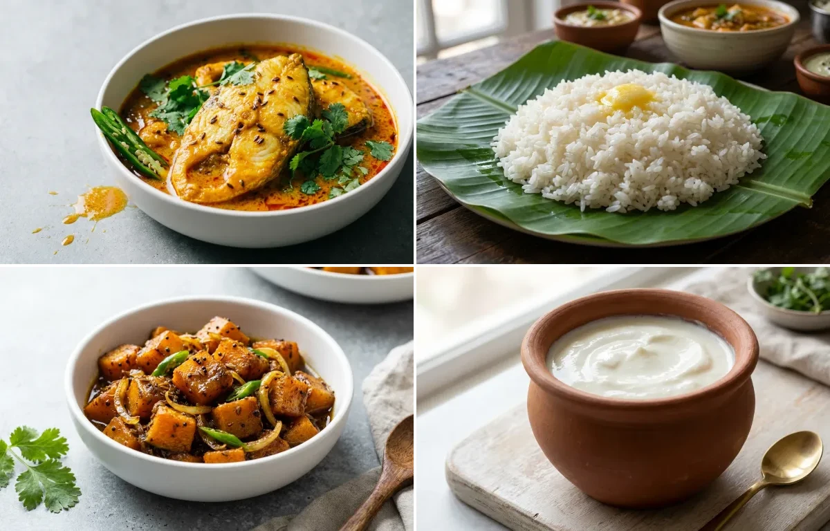 Rohu Fish Curry with Soft Steamed White Rice with Pumpkin Sabzi with Curd