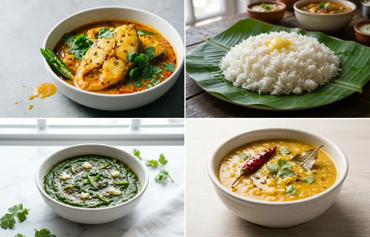 Rohu Fish Curry with Soft Steamed White Rice with Soft Palak with Moong Dal