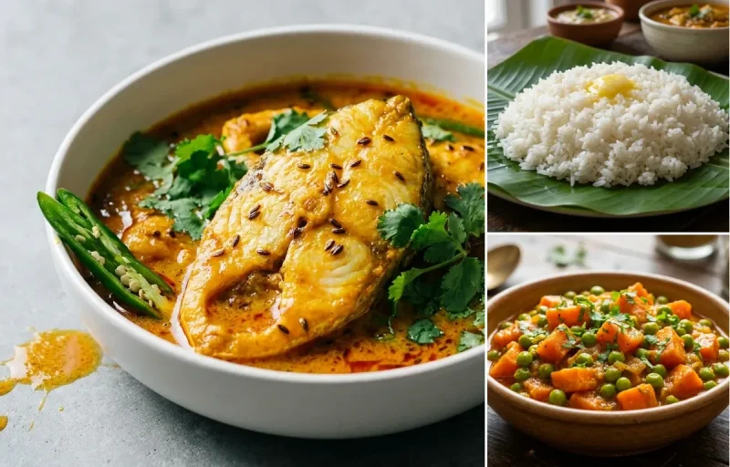 Rohu Fish Curry with Steamed Rice with Gajar Matar Sabzi