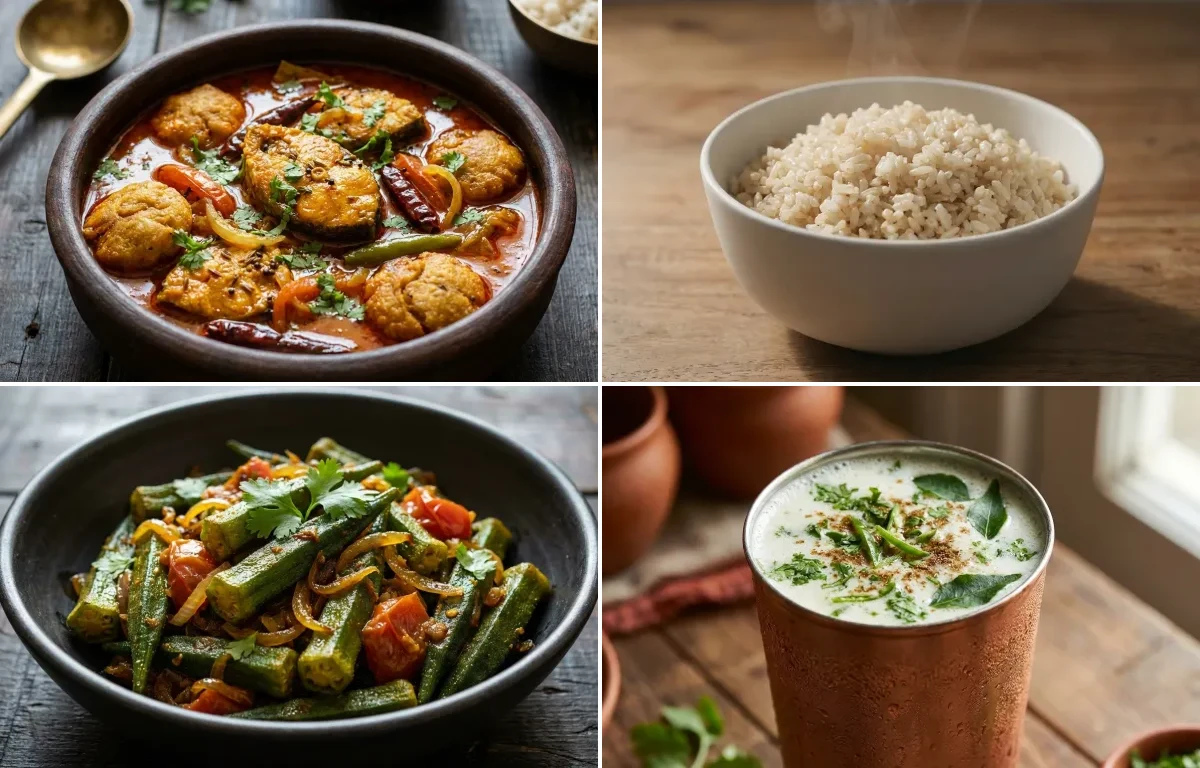 Rohu Machha Jhola with Steamed White Rice with Bhindi Sabzi with Chaas