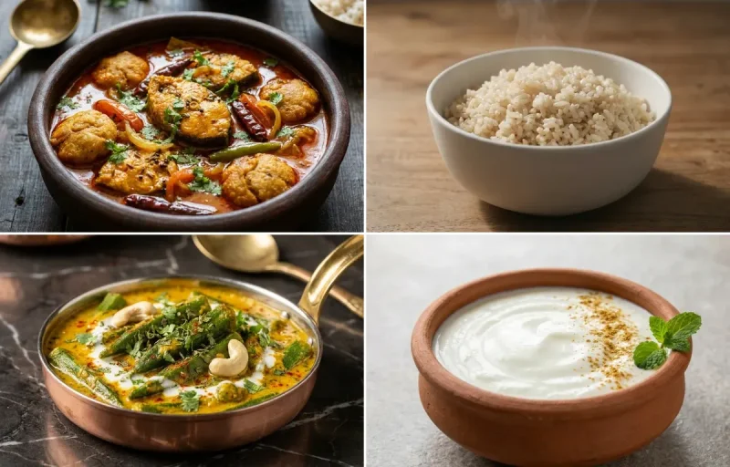 Rohu Machha Jhola with Steamed White Rice with Shahi Bhindi with Dahi