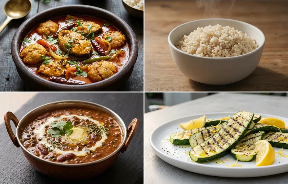 Rohu Machha Jhola with Steamed White Rice with Dal Makhani with Grilled Zucchini with Dahi