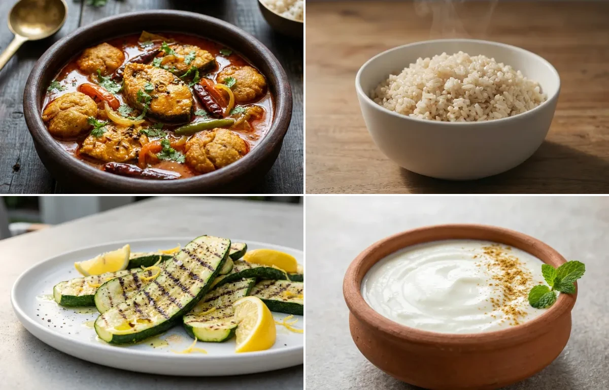 Rohu Machha Jhola with Steamed White Rice with Grilled Zucchini with Dahi