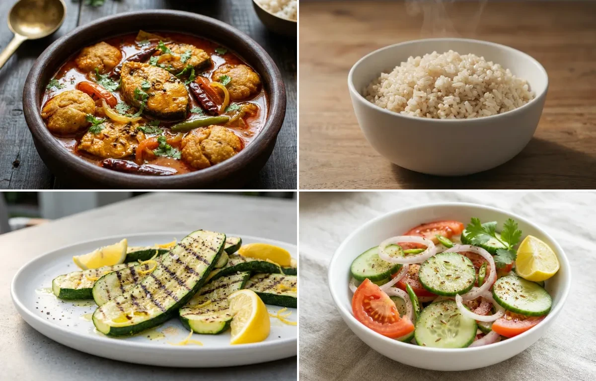 Rohu Machha Jhola with Steamed White Rice with Grilled Zucchini with Green Salad