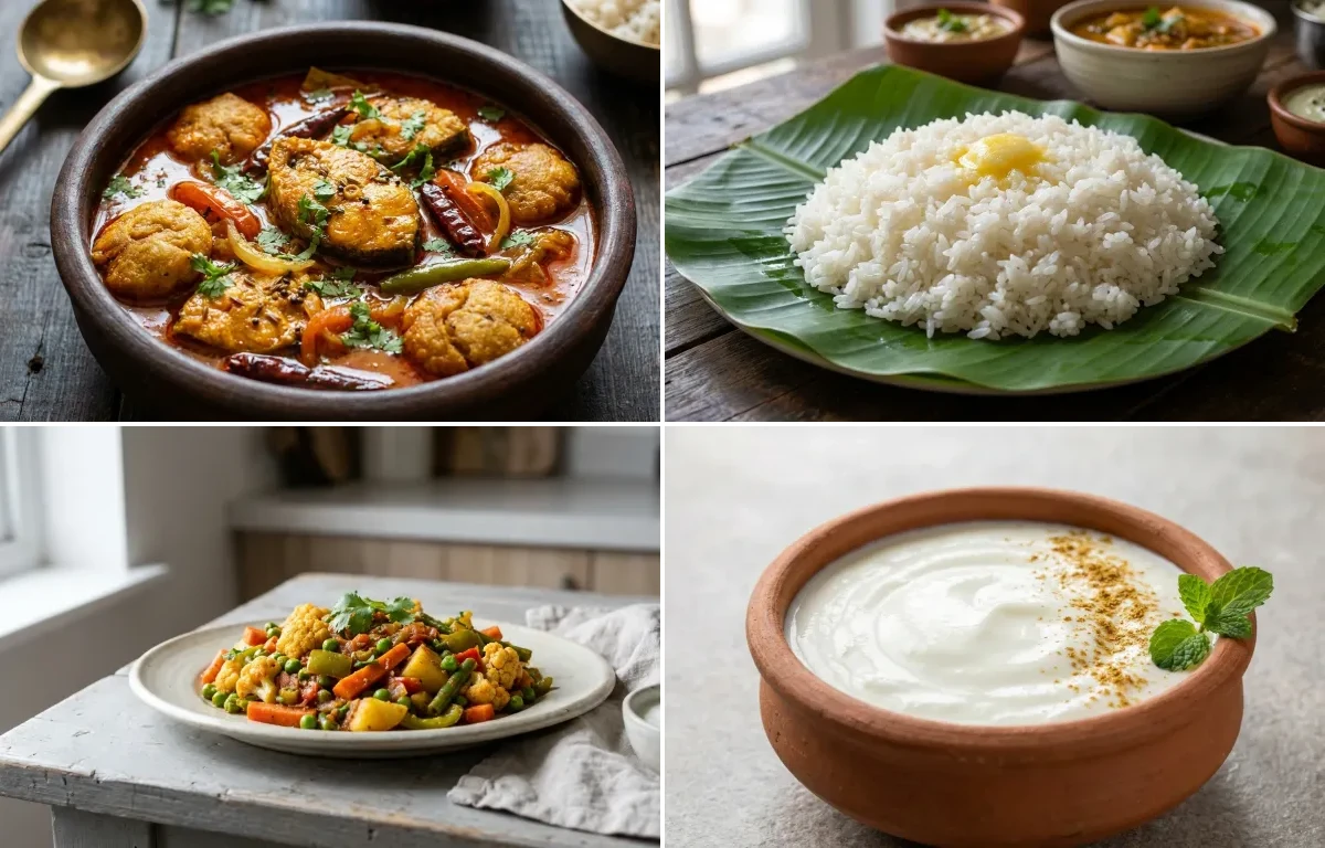 Rohu Machha Jhola with Steamed White Rice with Mixed Vegetable Sabzi with Dahi