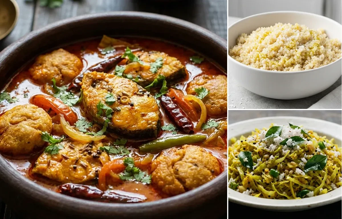 Rohu Machha Jhola with Quinoa with Cabbage Thoran