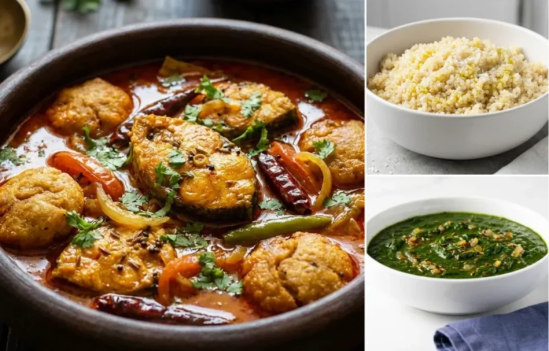 Rohu Machha Jhola with Quinoa with Jeera Palak