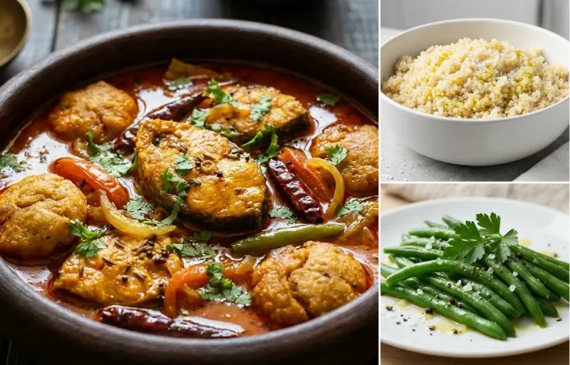 Rohu Machha Jhola with Quinoa with Steamed Green Beans