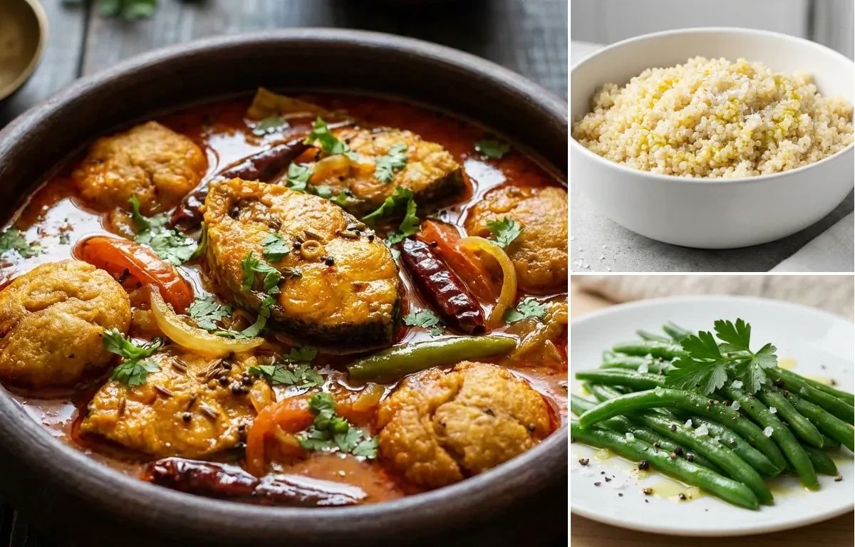 Rohu Machha Jhola with Quinoa with Steamed Green Beans