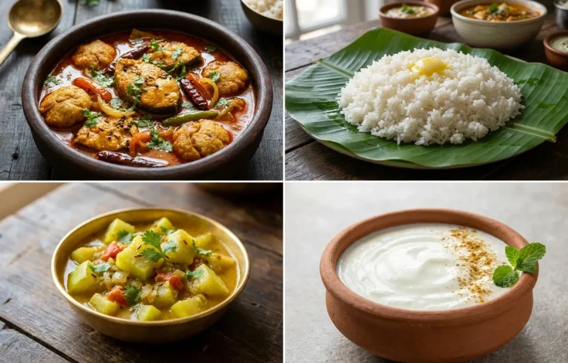 Rohu Machha Jhola with Steamed Rice with Lauki Sabzi with Dahi