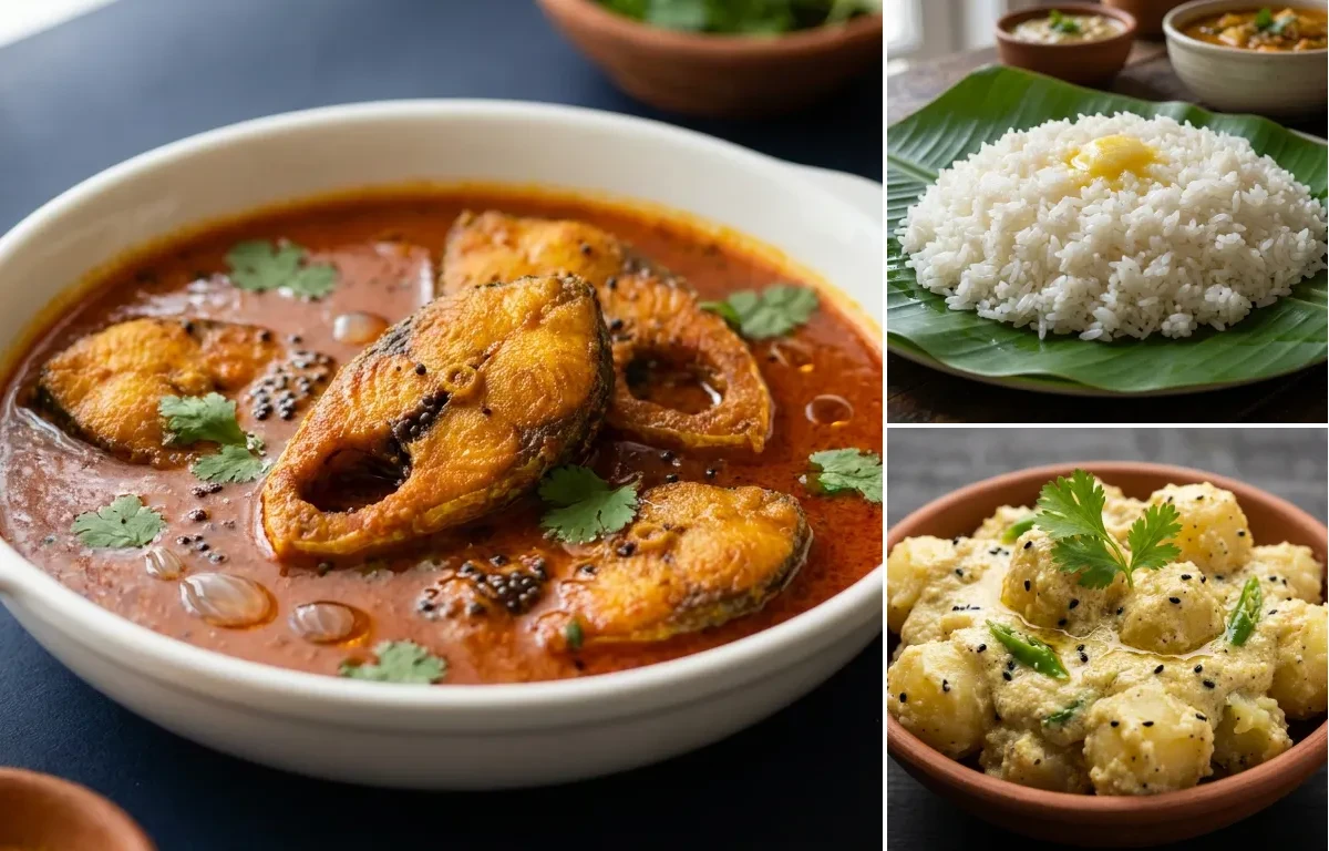 Rohu Machher Jhol with Steamed White Rice with Aloo Posto