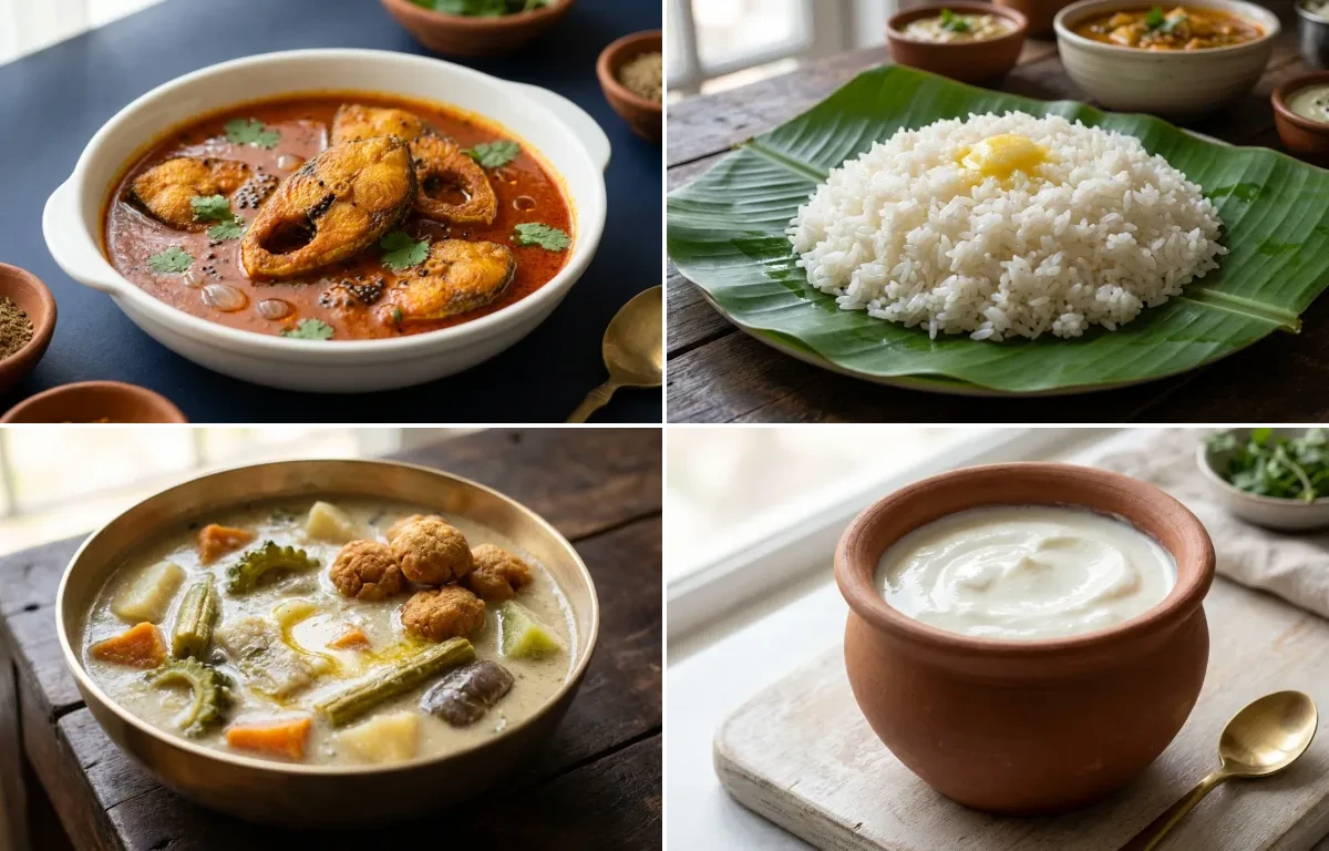 Rohu Machher Jhol with Steamed White Rice with Shukto with Curd