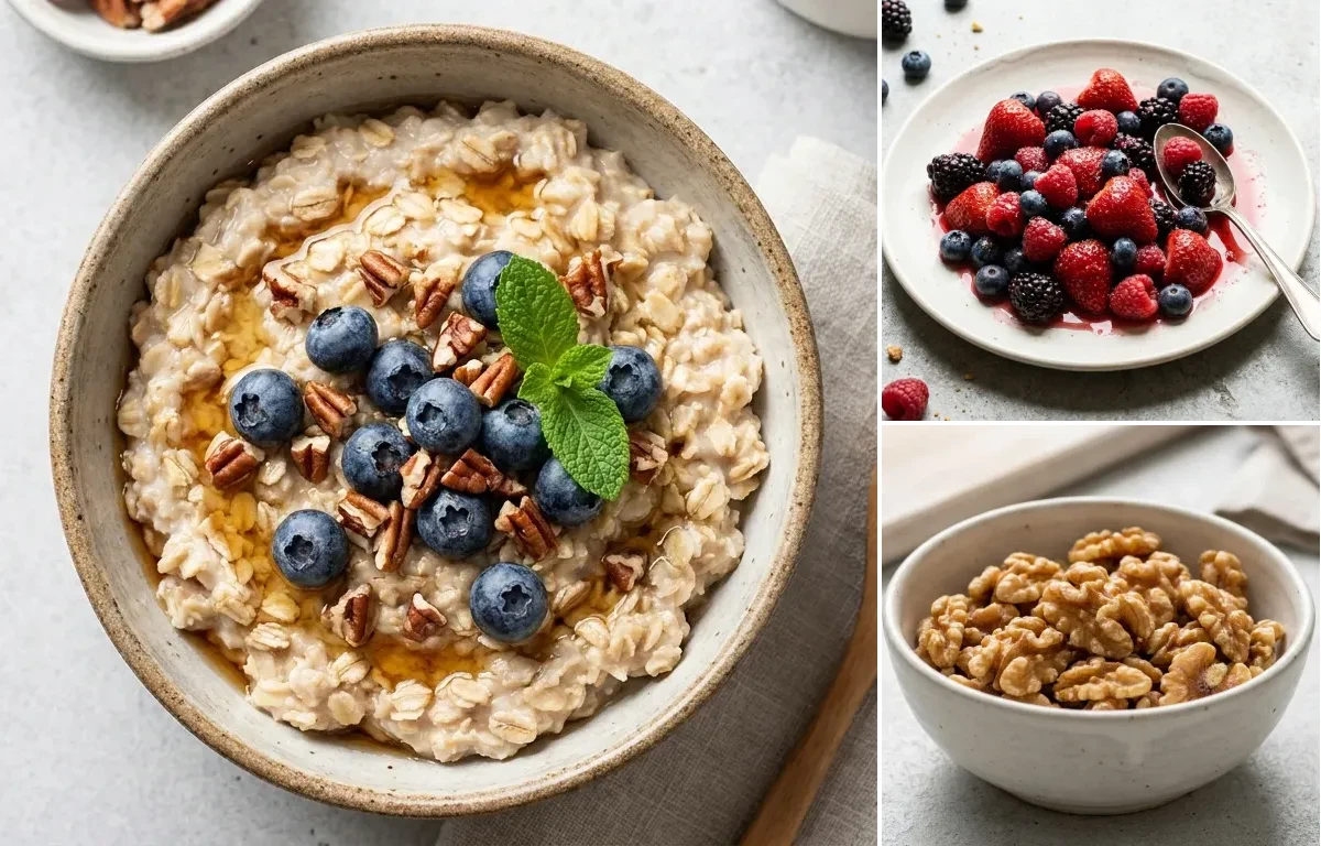 Rolled Oats with Fresh Berry Medley Topping and Unsalted Toasted Walnuts