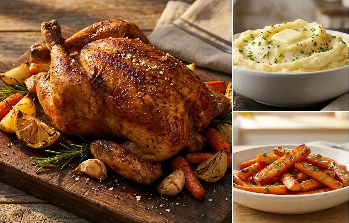 Rosemary Roast Chicken with Garlic Mashed Potatoes and Honey Glazed Carrots