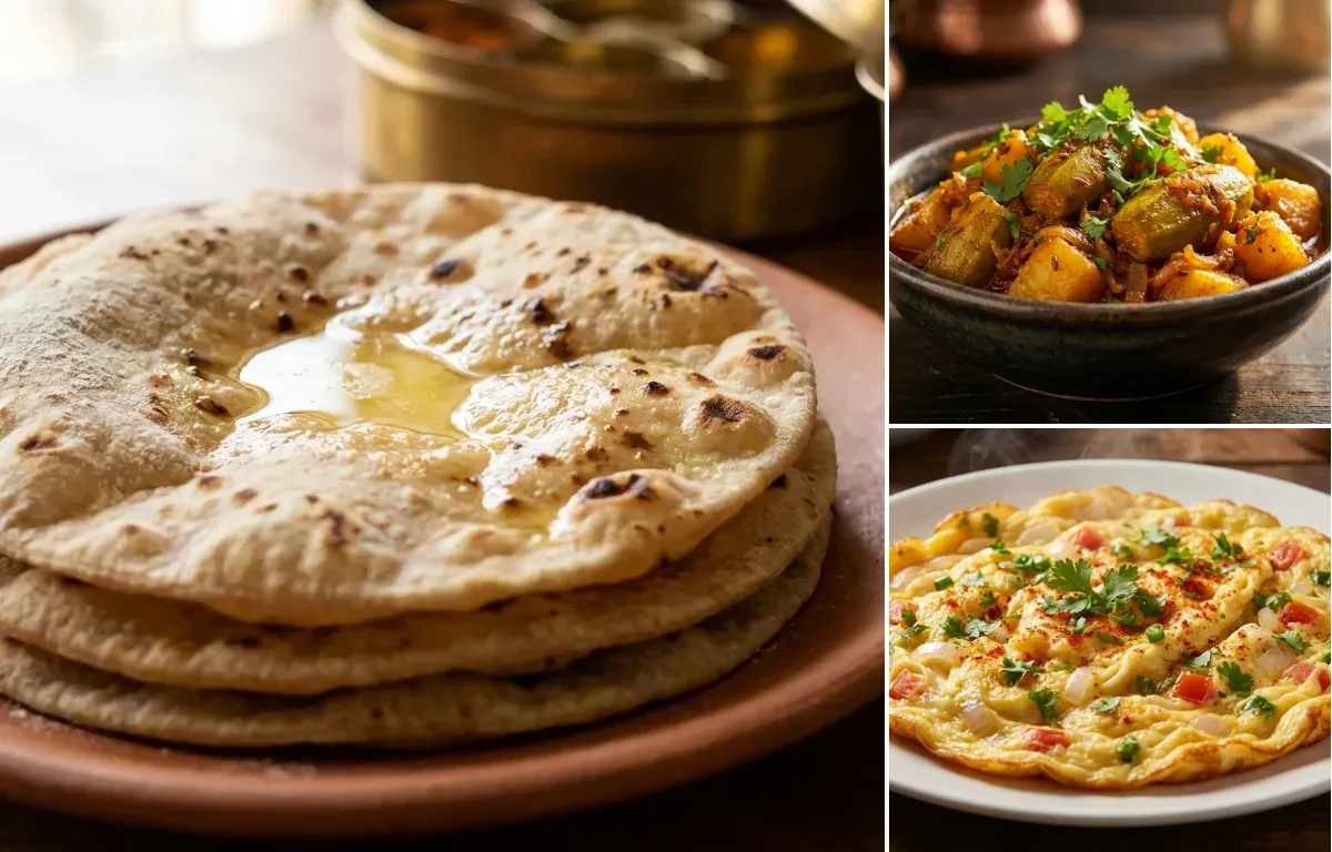 Roti with Aloo Parwal and Masala Omelette