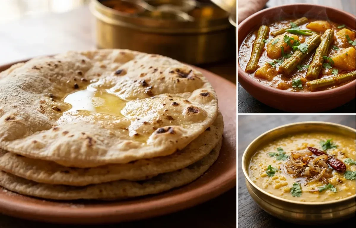 Roti with Drumstick Curry and Moong Dal Tadka