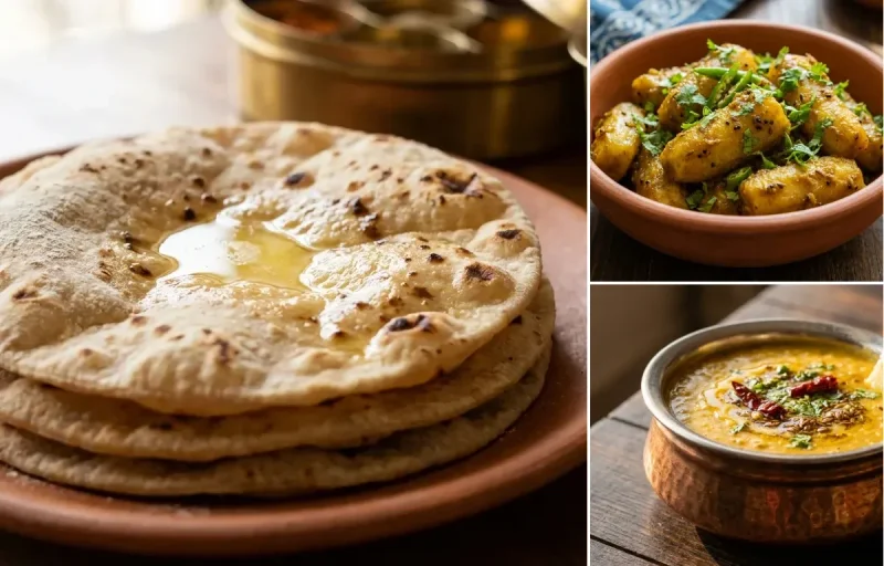 Roti with Kacche Kele ki Sabzi and Dal Fry