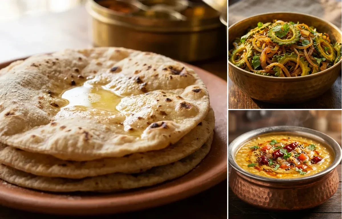 Roti with Karela Bhujia and Arhar Dal Tadka