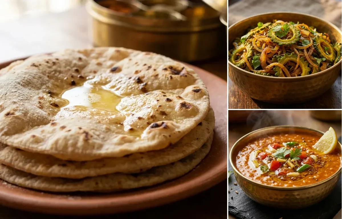 Roti with Karela Bhujia and Masoor Dal Tadka