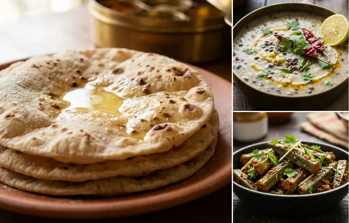 Roti with Matimahor Dal and Achari Bhindi