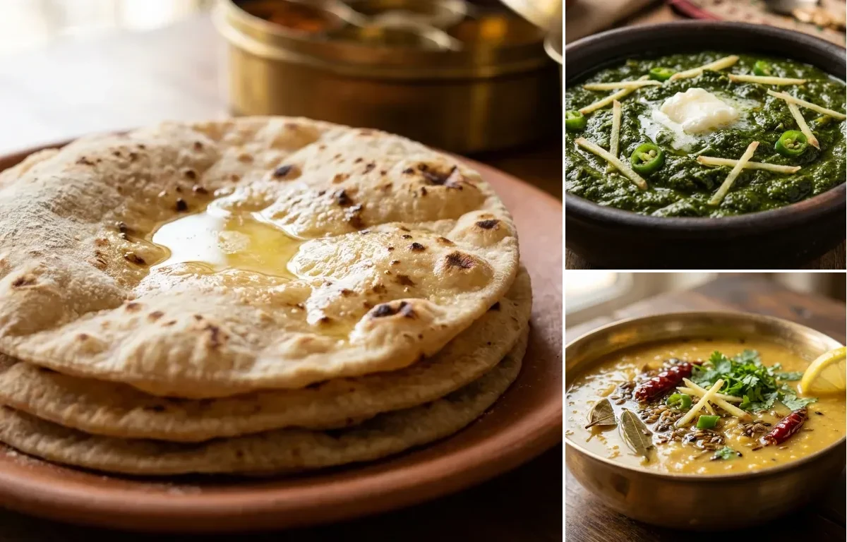 Roti with Sarson Ka Saag and Dal Panchforan