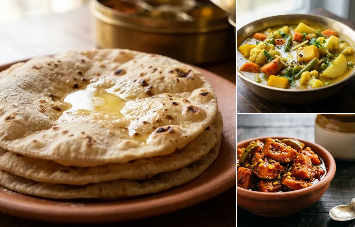 Roti with Vegetable Torkari and Mango Pickle
