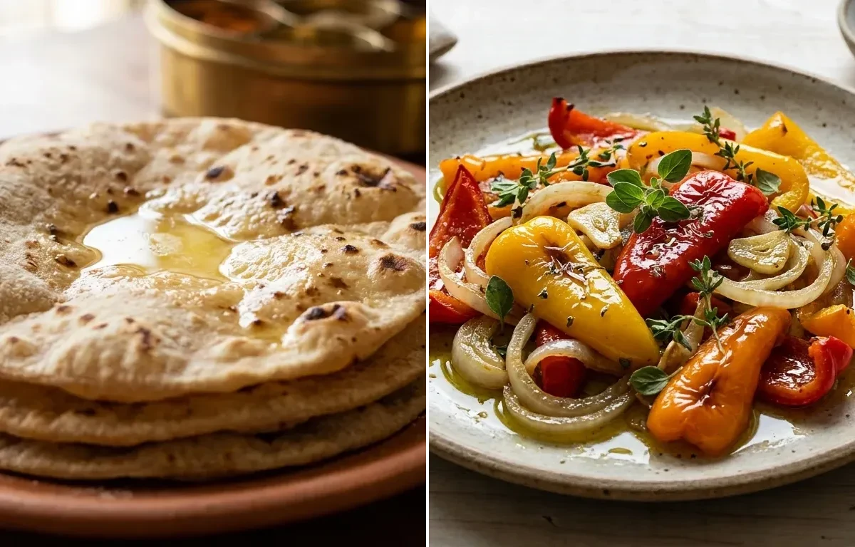 Roti with Grilled Tandoori Chicken Breast and Sautéed Peppers and Onions