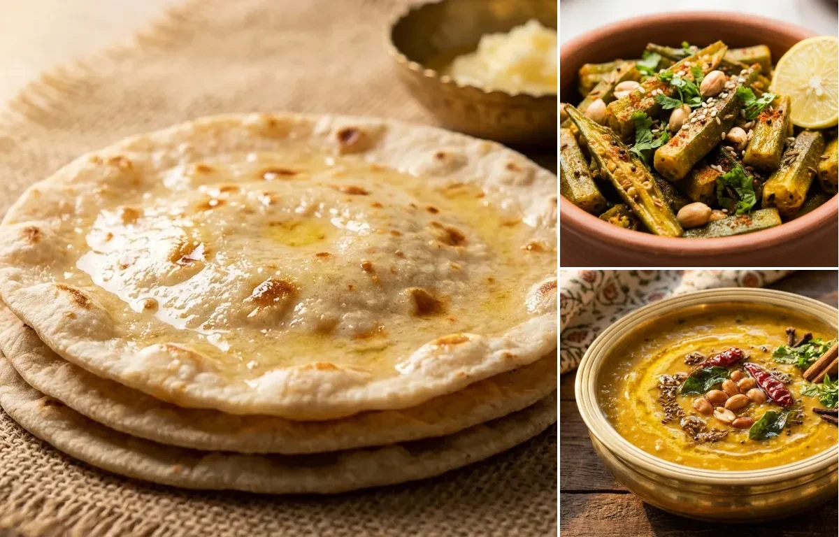 Rotli with Gujarati Bhinda nu Shaak and Gujarati Dal