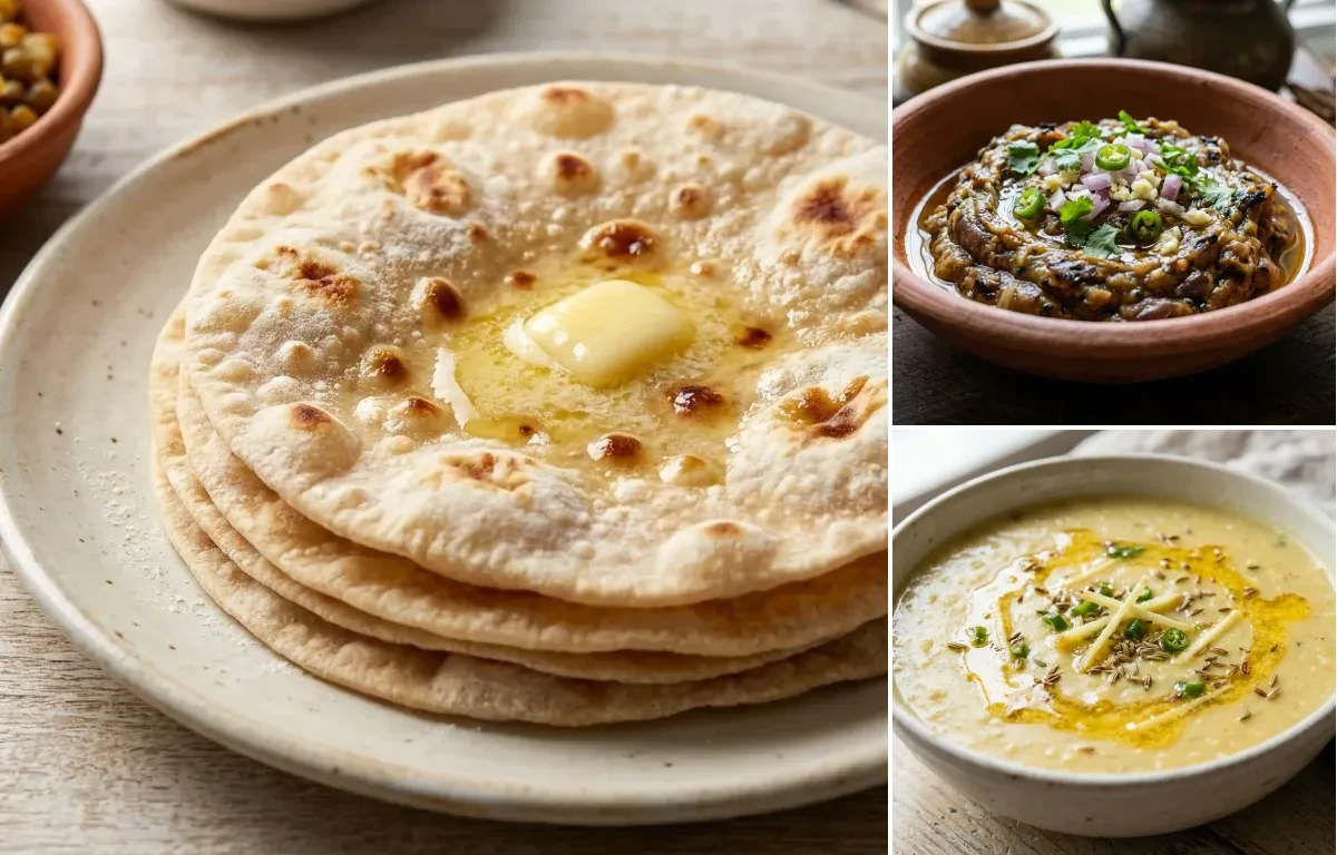 Ruti with Begun Pora and Bengali Kalai Dal
