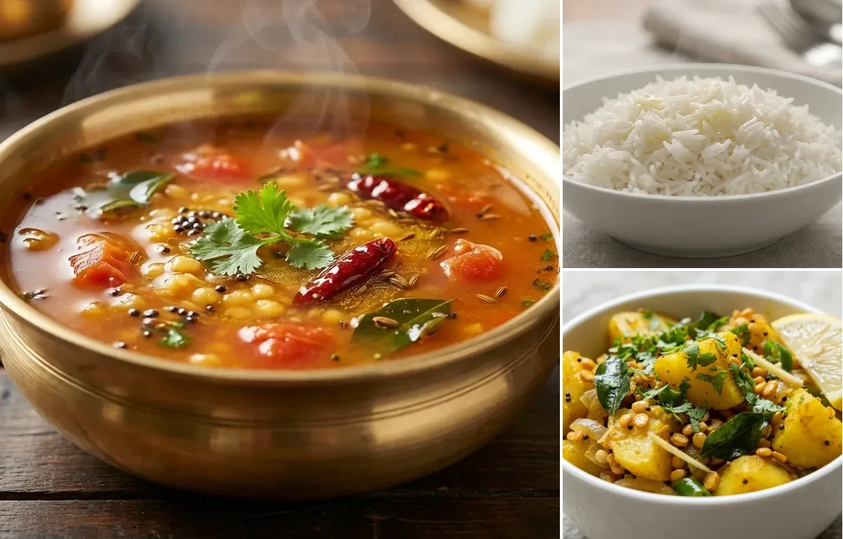 Saaru with Steamed Basmati Rice and Aloo Palya