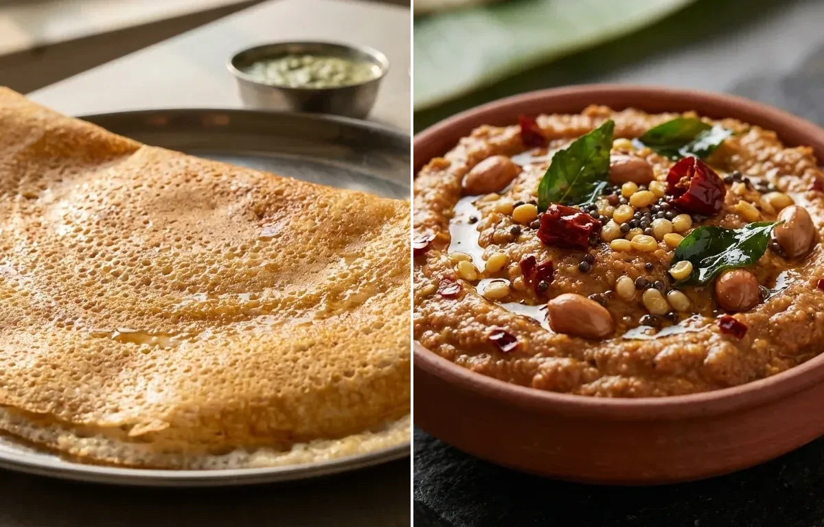 Sada Dosa with Vegan Sambar, Cilantro Coconut Chutney and Peanut Chutney